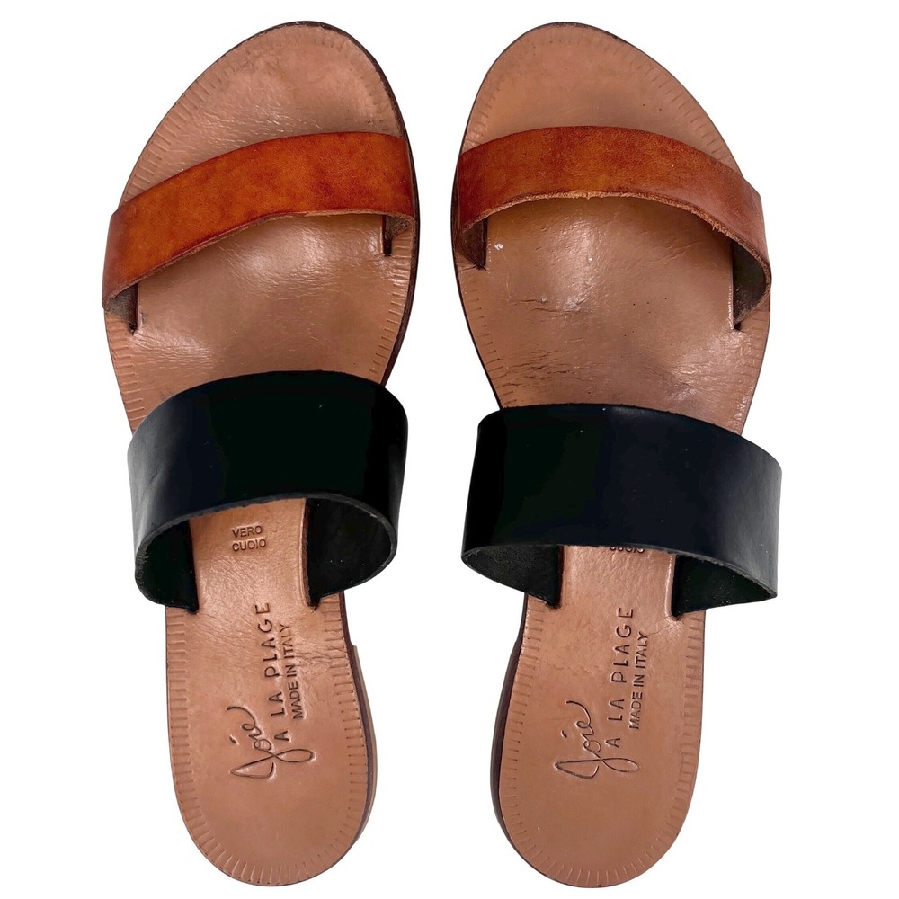 Joie Two-Tone Brown and Black Leather Slide Sandals
